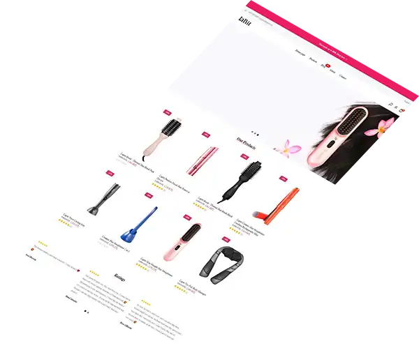 Online store showcasing hair care tools like brushes, straighteners, and blow dryers.